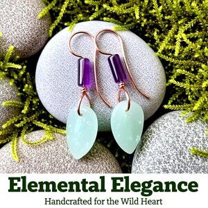 Purple + Mint Green Summer Leaf Earrings! Handmade Copper Earwires - Lightweight